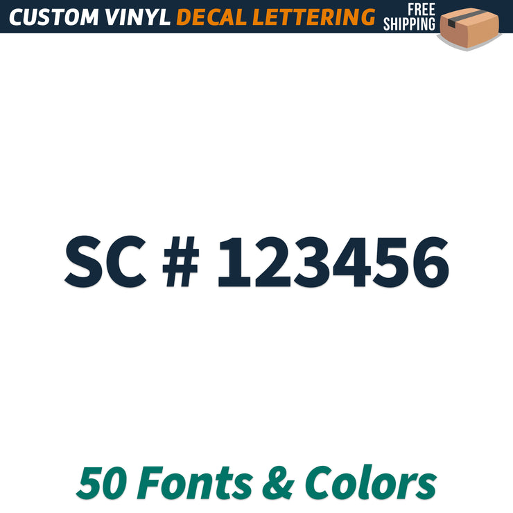 SC Number Regulation Decal Sticker, (Set of 2)