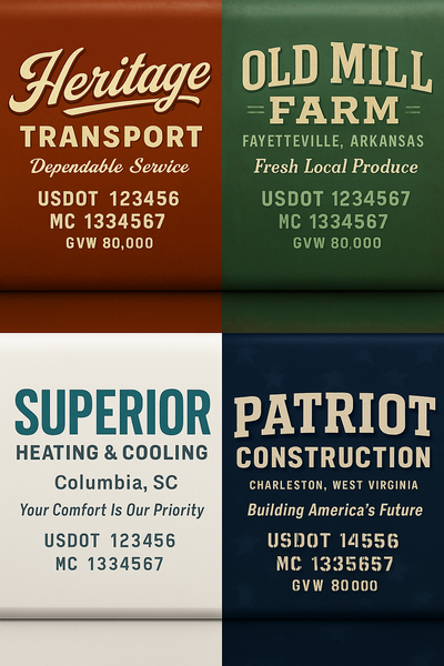 Trucking, Logistics, Transport Inspired Truck Door Lettering Decal Sticker Signs For Style & Compliance With USDOT, MC, GVW Or Any Regulation Number Lines (Set of 2)