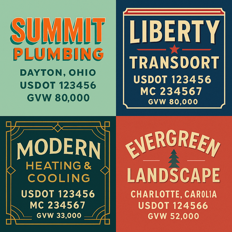 Trucking, Logistics, Transport Inspired Truck Door Lettering Decal Sticker Signs For Style & Compliance With USDOT, MC, GVW Or Any Regulation Number Lines (Set of 2)