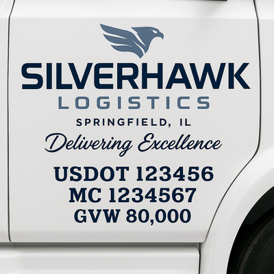 Trucking, Logistics, Transport Inspired Truck Door Lettering Decal Sticker Signs For Style & Compliance With USDOT, MC, GVW Or Any Regulation Number Lines (Set of 2)