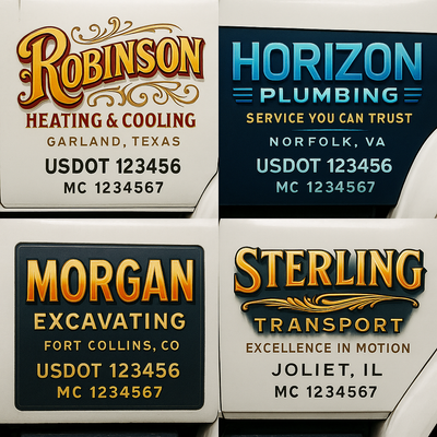 Trucking, Logistics, Transport Inspired Truck Door Lettering Decal Sticker Signs For Style & Compliance With USDOT, MC, GVW Or Any Regulation Number Lines (Set of 2)