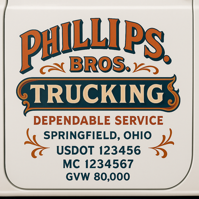 Trucking, Logistics, Transport Inspired Truck Door Lettering Decal Sticker Signs For Style & Compliance With USDOT, MC, GVW Or Any Regulation Number Lines (Set of 2)