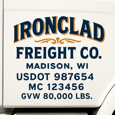 Trucking, Logistics, Transport Inspired Truck Door Lettering Decal Sticker Signs For Style & Compliance With USDOT, MC, GVW Or Any Regulation Number Lines (Set of 2)