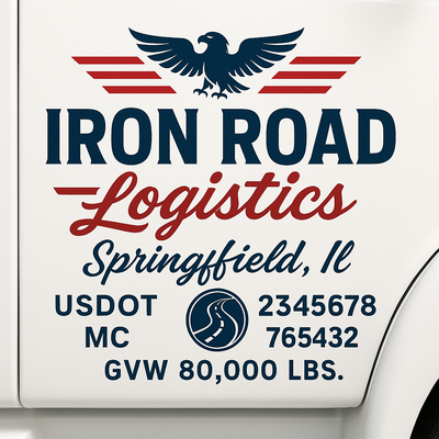 Trucking, Logistics, Transport Inspired Truck Door Lettering Decal Sticker Signs For Style & Compliance With USDOT, MC, GVW Or Any Regulation Number Lines (Set of 2)