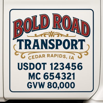 Trucking, Logistics, Transport Inspired Truck Door Lettering Decal Sticker Signs For Style & Compliance With USDOT, MC, GVW Or Any Regulation Number Lines (Set of 2)