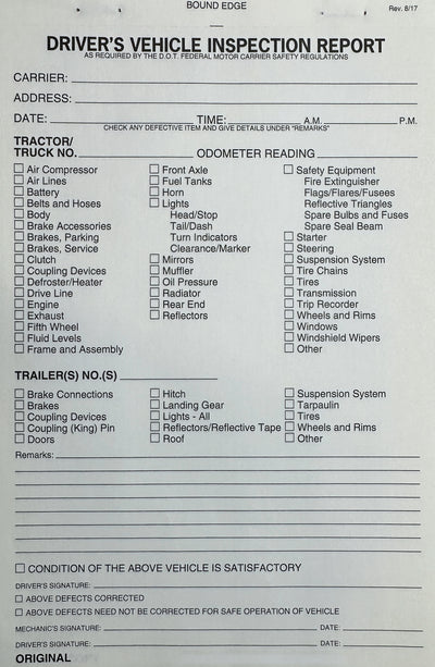 Driver's Vehicle Inspection Report Sheet (Carbonless)