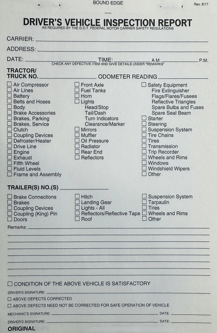 Driver's Vehicle Inspection Report Sheet (Carbonless)