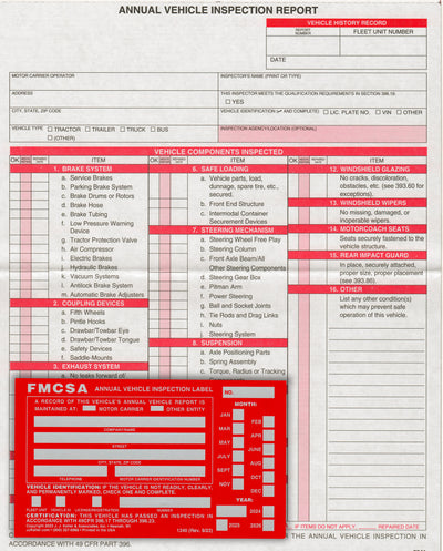 Annual Vehicle Inspection Report Sheet With Red FMCSA Annual Vehicle Inspection Label