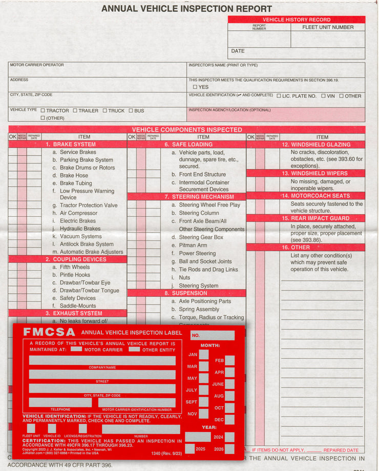 Annual Vehicle Inspection Report Sheet With Red FMCSA Annual Vehicle Inspection Label