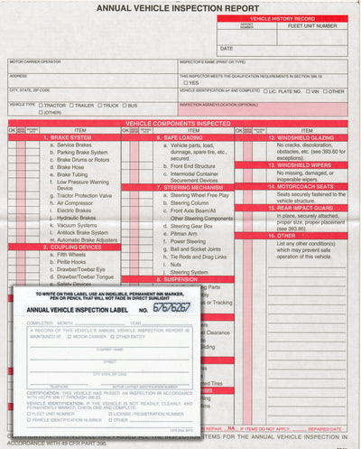 Annual Vehicle Inspection Report Sheet With White FMCSA Annual Vehicle Inspection Label
