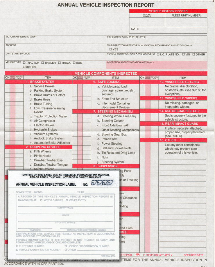 Annual Vehicle Inspection Report Sheet With White FMCSA Annual Vehicle Inspection Label