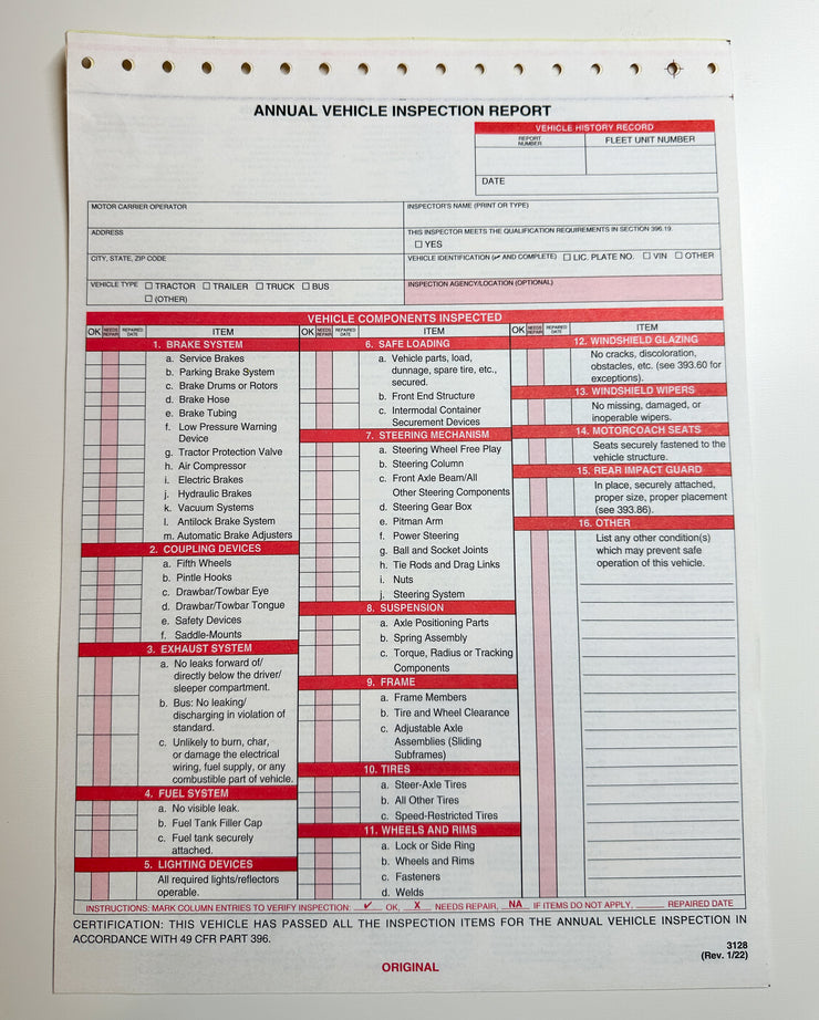 Annual Vehicle Inspection Report Sheet (Carbonless)