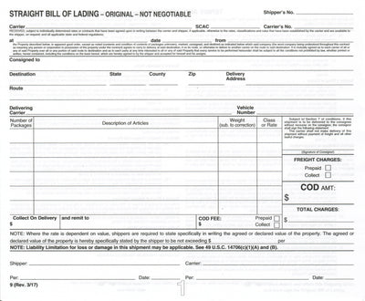 Straight Bill Of Lading Short Form (Carbonless)