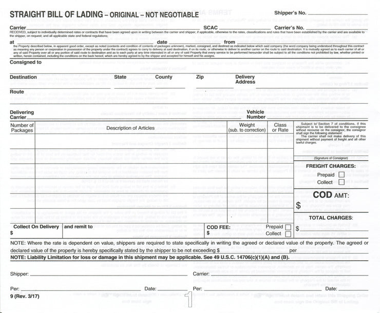 Straight Bill Of Lading Short Form (Carbonless)