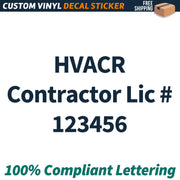 HVACR Contractor Lic # Number Regulation Decal Sticker Lettering, (Set of 2)