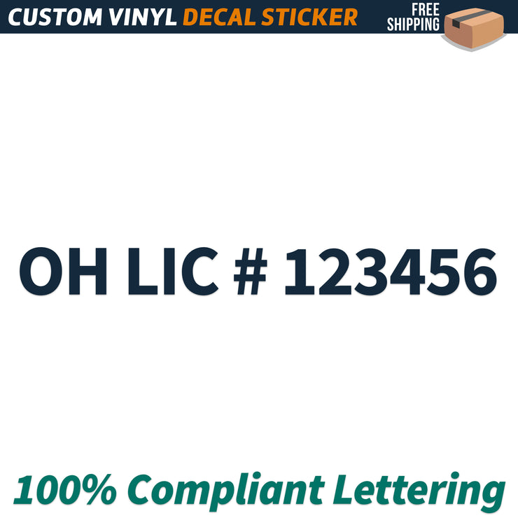 OH LIC # Number Regulation Decal Sticker Lettering, (Set of 2)