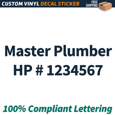 Master Plumber HP # Number Regulation Decal Sticker Lettering, (Set of 2)
