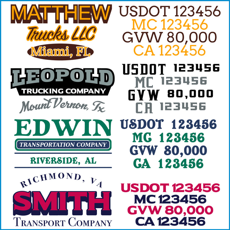 USDOT Number Sticker Decal Lettering (MC, GVW, CA, KYU) Custom Sets