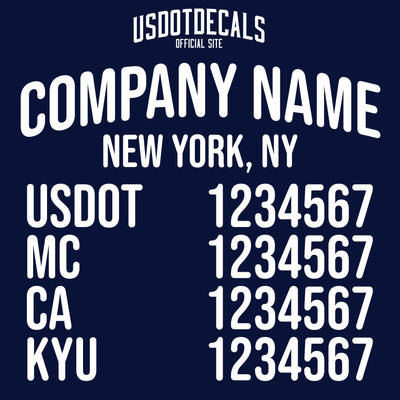 arched company name, location, usdot, mc, ca & kyu decal sticker