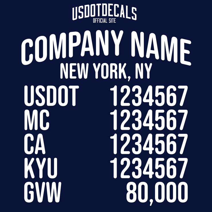 arched company name, location, usdot, mc, ca, kyu & gvw decal sticker