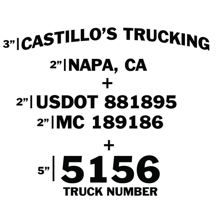 Company Name Line Curved + Location + 2 Lines + Truck Number Combo, (Set of 2)