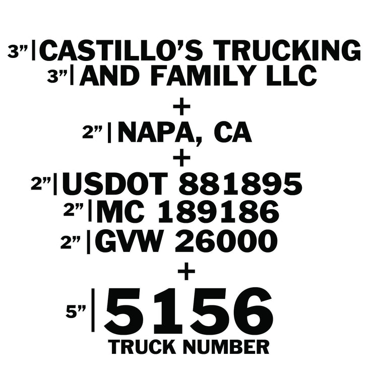 Company Name (2 Lines) + Location + 3 Lines + Truck Number Combo, (Set of 2), (GOOD FOR FIRST TIME TRUCKERS)