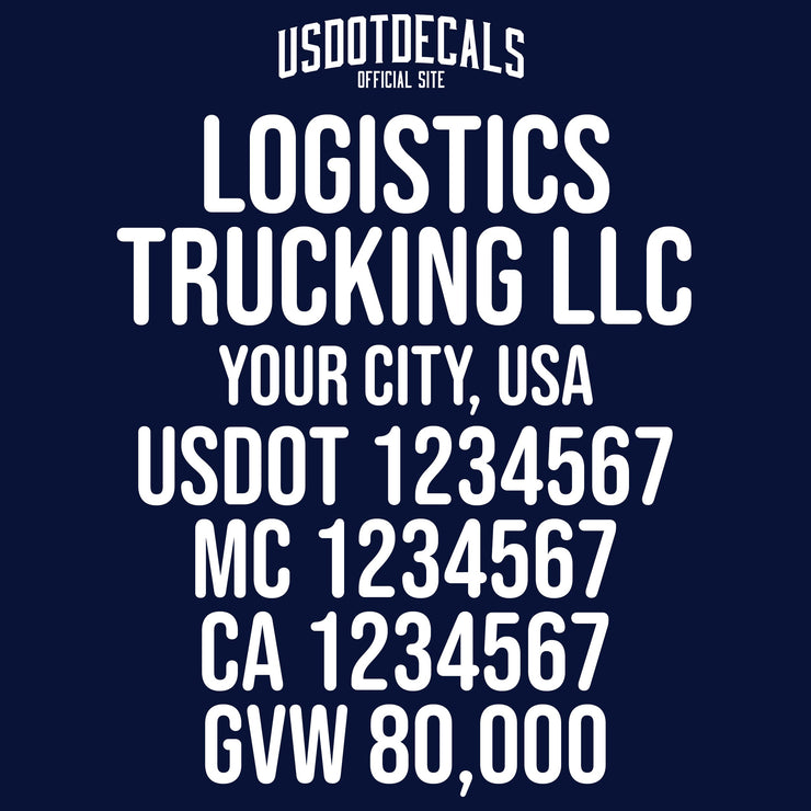logistics trucking company name, location, usdot, mc, ca gvw truck door lettering decal sticker