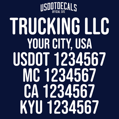 trucking company name, location, usdot, mc, ca & kyu decal sticker