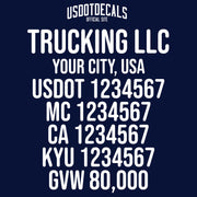 trucking company name, location, usdot, mc, ca, kyu & gvw decal sticker (semi truck door lettering)