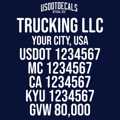 trucking company name, location, usdot, mc, ca, kyu & gvw decal sticker (semi truck door lettering)
